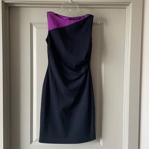TAHARI Navy and Purple Asymmetrical Rouched Dress